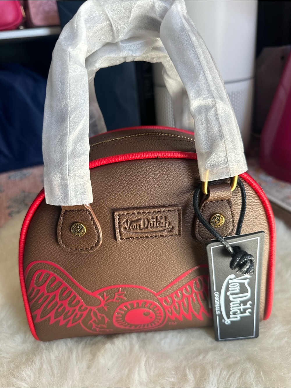 Von Dutch Bowling Bag Brown Red Crossbody Dome Purse Vegan Leather Y2K - Picture 4 of 9